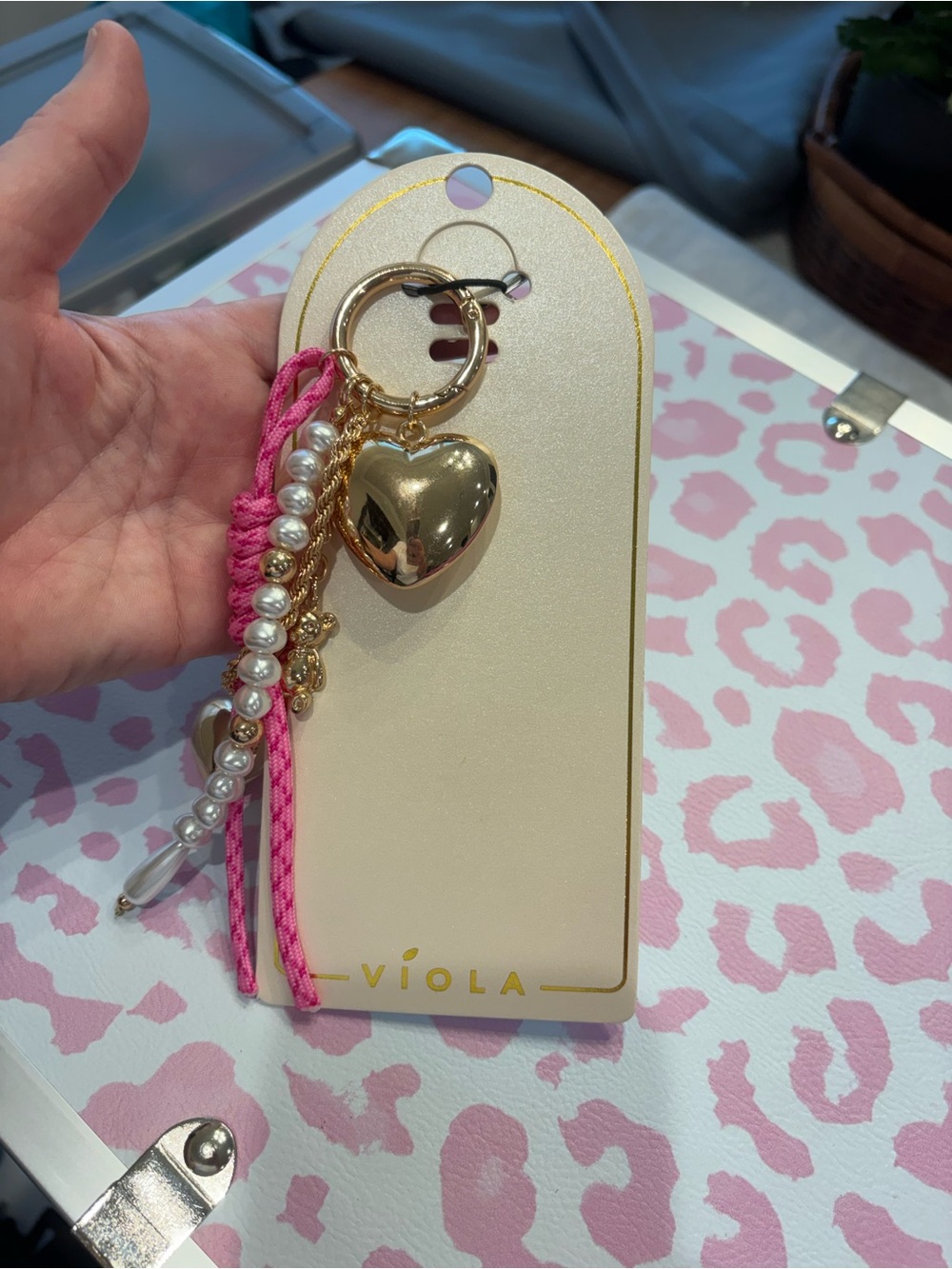 Pink & Gold Heart Charm Keychain with Pearls - Women Accessories - Picture 2 of 3
